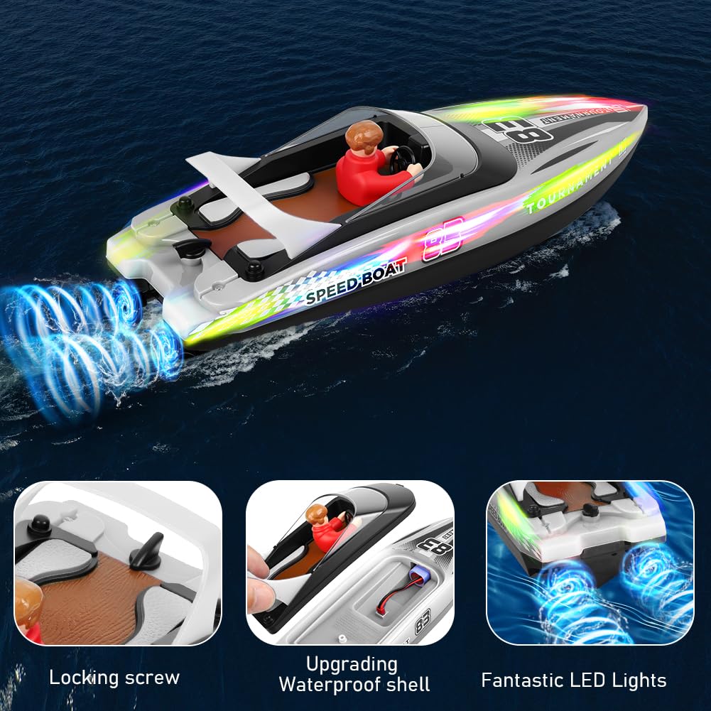 HOTUT Bateau Télécommandé, 2,4 GHz Bateau Telecommandé Enfant, Haute Vitesse RC Bateaux de Course, avec Lumières LED, avec Alarme de Batterie Faible, pour Piscines et Lacs (Blanc