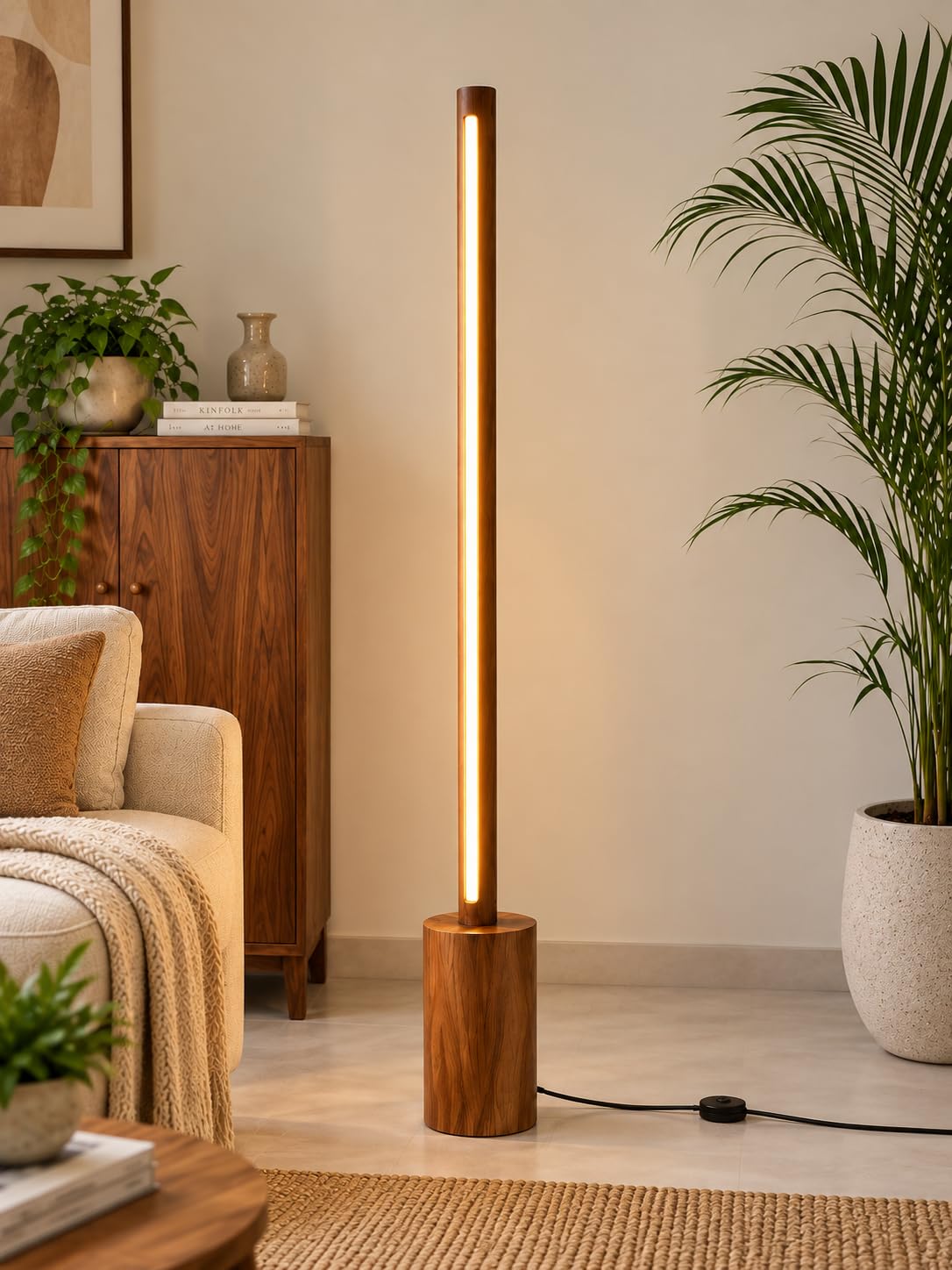 Modern LED Floor Lamp - Warm Light, Wooden Base -2 Modern LED Floor Lamp - Warm Light, Wooden Base -2