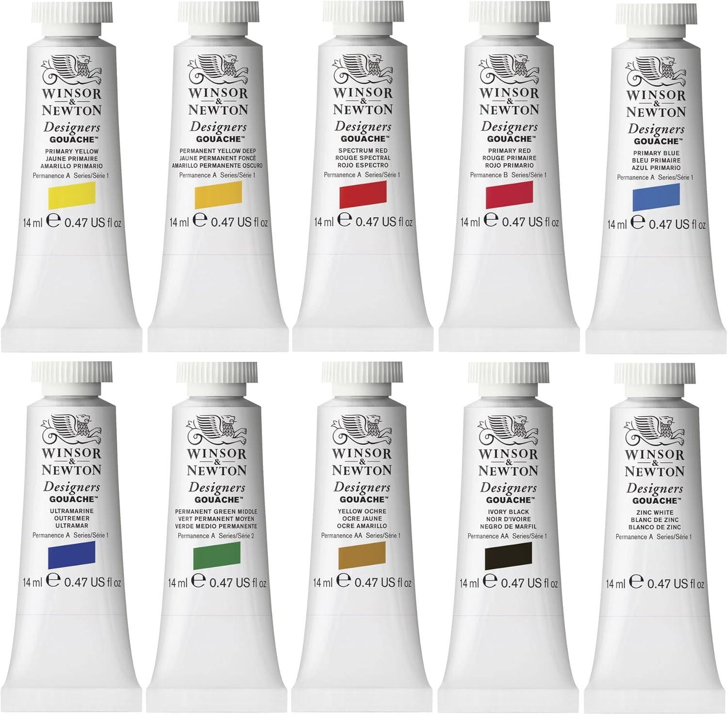 Winsor & Newton Designers' Gouache Introductory 10-Tube Paint Set, 14ml,Blue,green,ivory,white