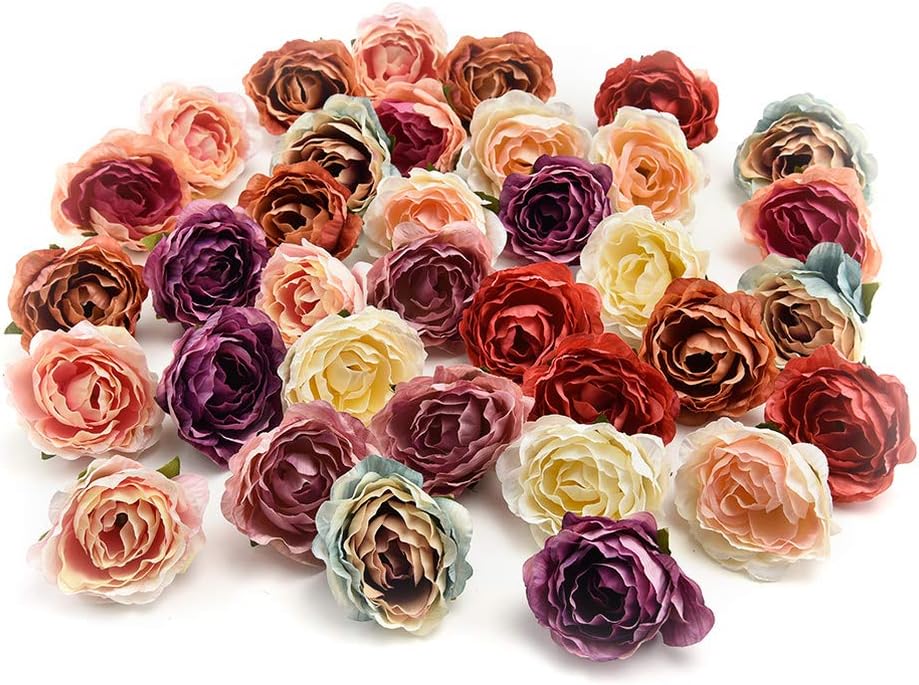 Fake flower heads in bulk wholesale for crafts Flowers Head Silk Peony Roses DIY Scrapbooking Decorative Flowers Heads Decor Home Garden Wedding Birthday Party Decoration Supplies 30PCS 4cm (Colorful)