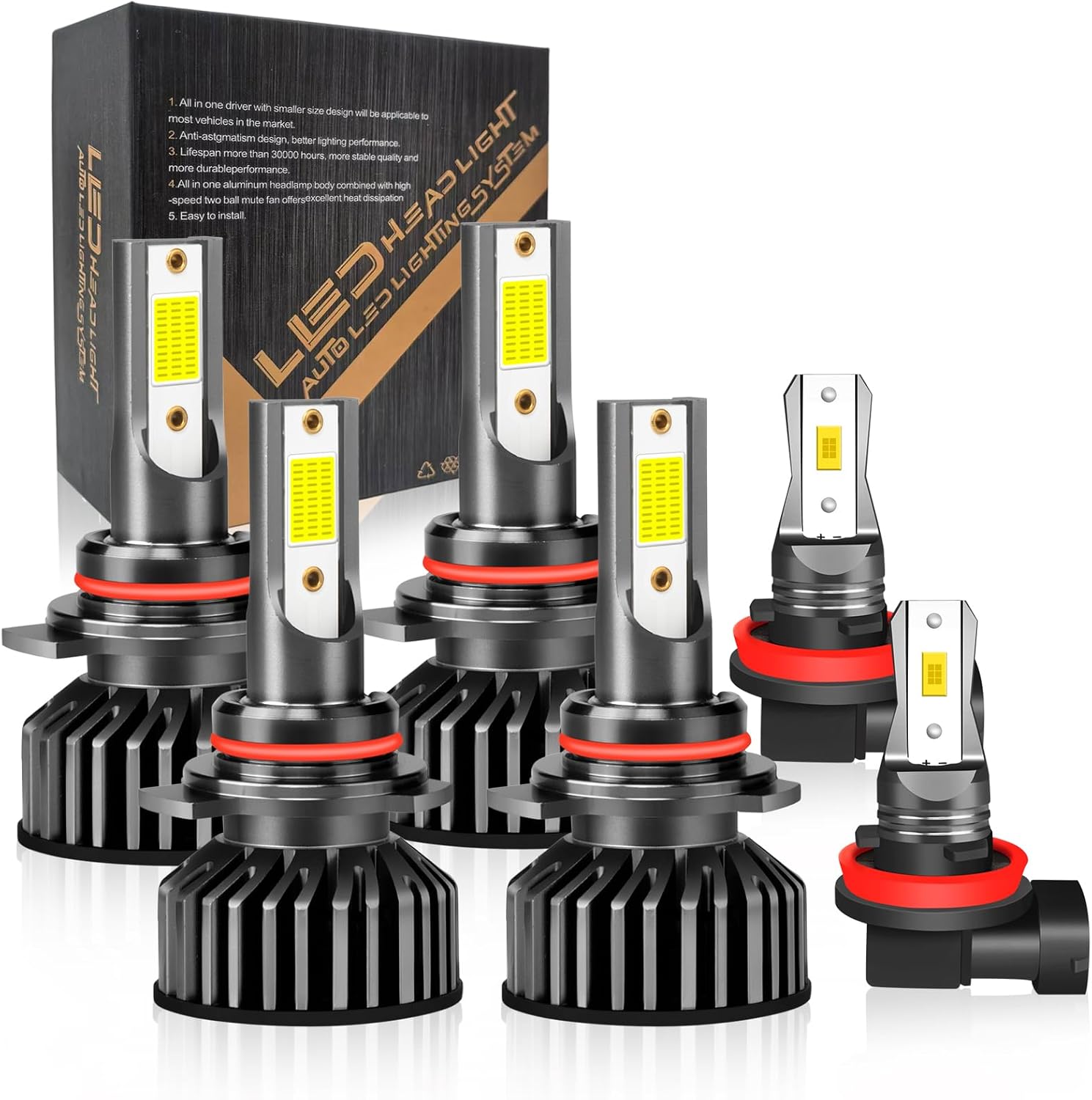 Fit For Honda Civic (2004-2015), 9005 9006 LED Bulbs,9005+9006 High & Low Beam Bulbs, H11 Fog Lights, 500% Brightness, 6000K White,Plug and play, IP68,Pack of 6