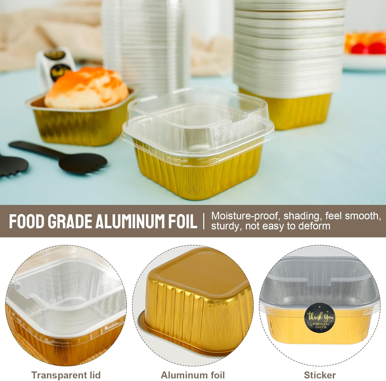 US 200Pcs 150ml Aluminum Foil Cupcake Cups With Lids Non Stick Mini Foil Cake Pans Microwaves Safe Heat Proof Foil Cupcake Liners for Pastry Pie Pudding(golden)