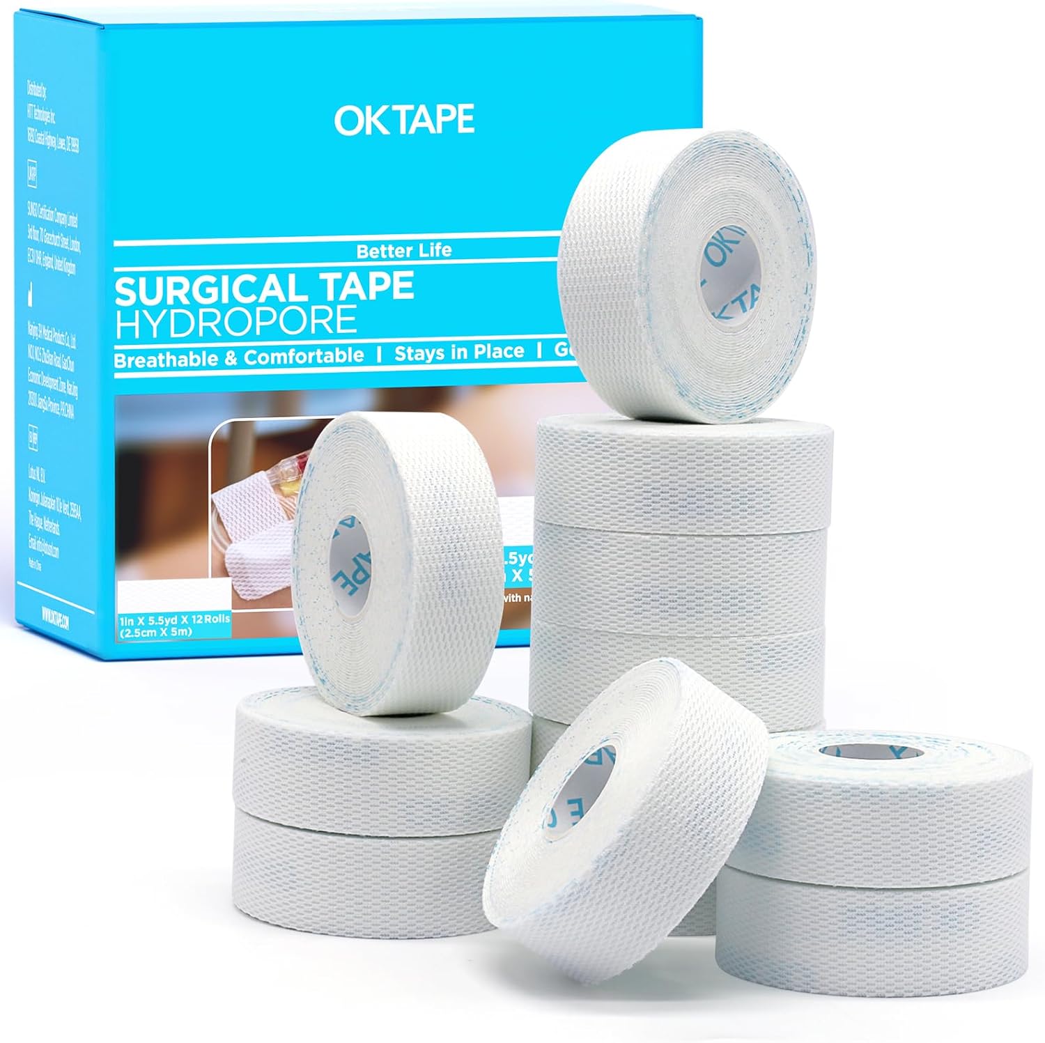 OK TAPE Hypoallergenic Surgical Tape 1 inch x 5.5yd |12 Rolls,Dry Medical Tape for Skin, Tube, Dressings, Wound First Aid Tape