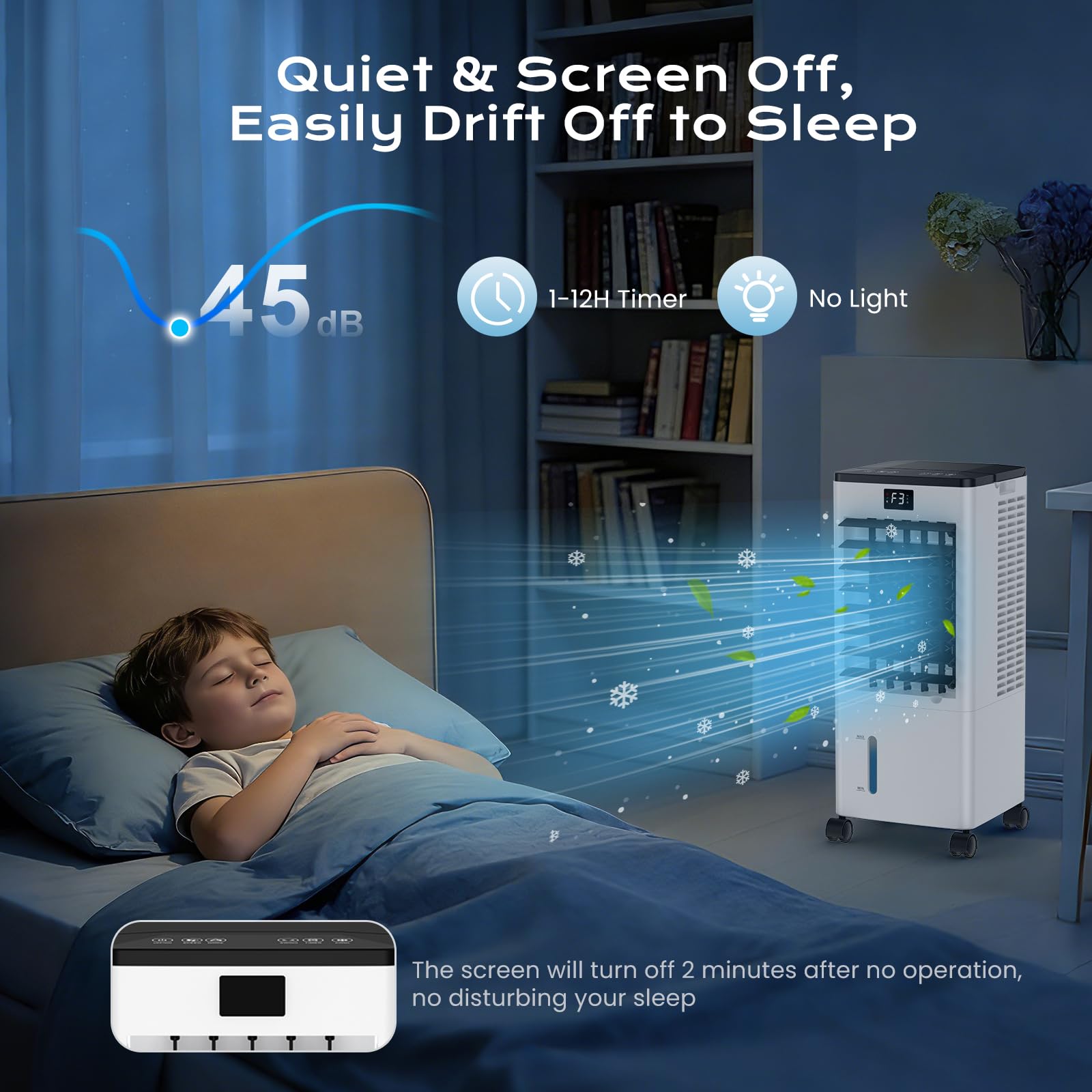 Climatiseur Mobile Silencieux Climatiseur Portable sans Évacuation Rafraîchisseur d'Air avec 2 Coussin d'eau, 12H Minuterie, 60W, 3 Vitesses, 3 Modes, Télécommande pour Chambre, Bureau, Maison