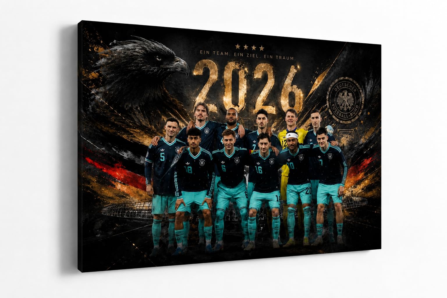 Julia-Art Leinwandbilder Leinwandbild Deutschland Fußball WM 2026 – Premium Fußball Wandbild 120x80 cm – Moderne Fan Deko für Wohnzimmer, Vereinsheim, Männerzimmer, Büro & Gaming QN121-6