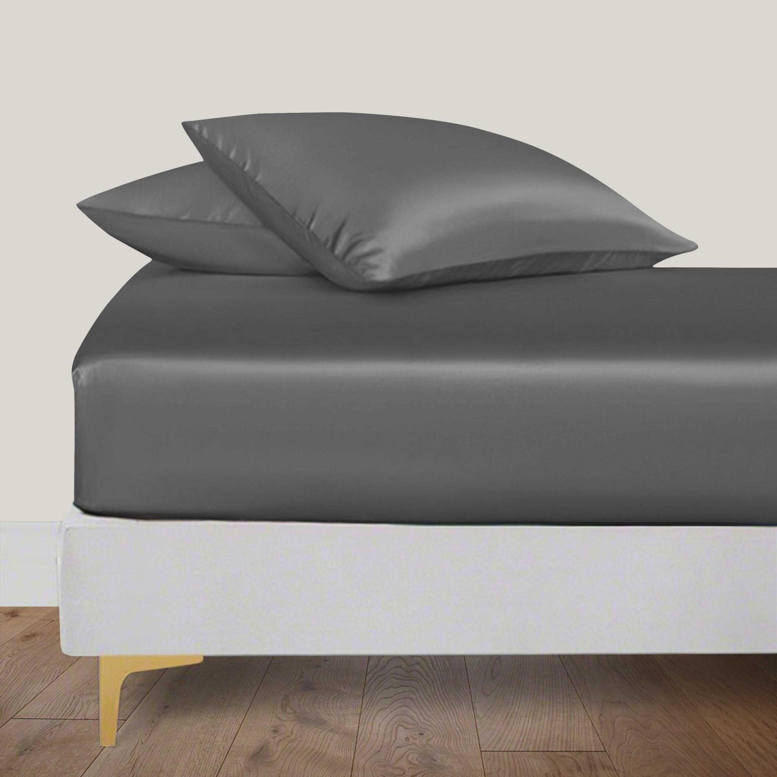 LINENWALAS 100% Natural Bamboo 3 Pcs Fitted Sheet Set With Secure Elastic Deep Pocket - Softest Cool Bedding Perfect for Skincare -1 Fitted Sheet & 2 Pillowcases (King size, Charcoal Grey)