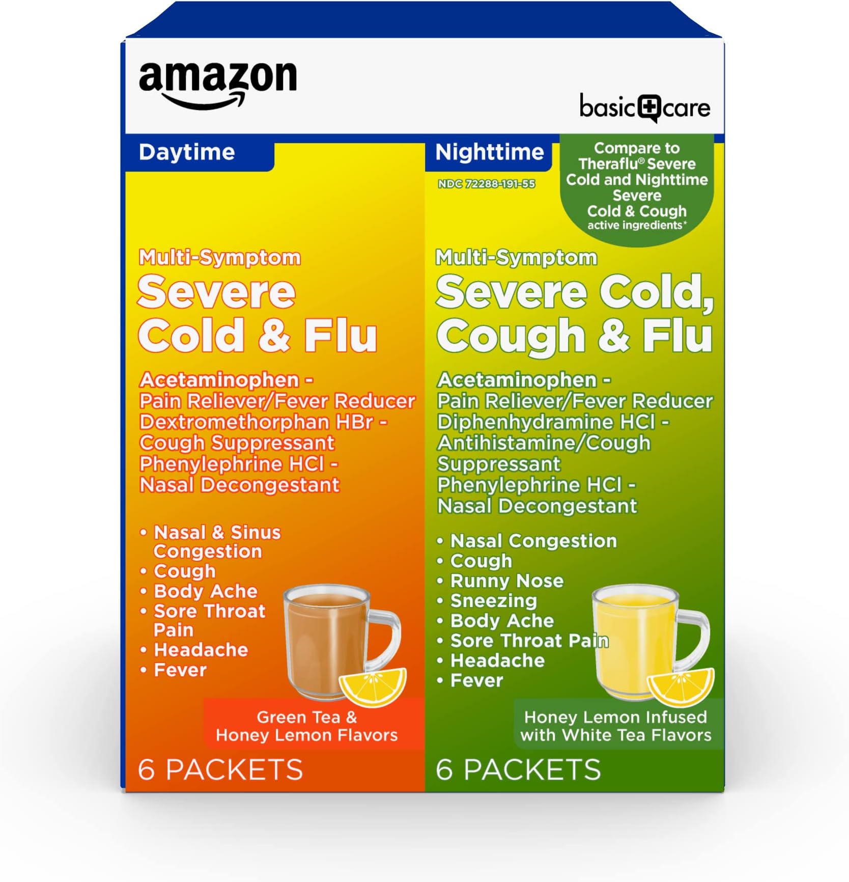 Amazon Basic Care Severe Cold, Cough and Flu Medicine Powder Packets, Daytime and Nighttime Combination Pack, Green Tea & Honey Lemon, 12 Count