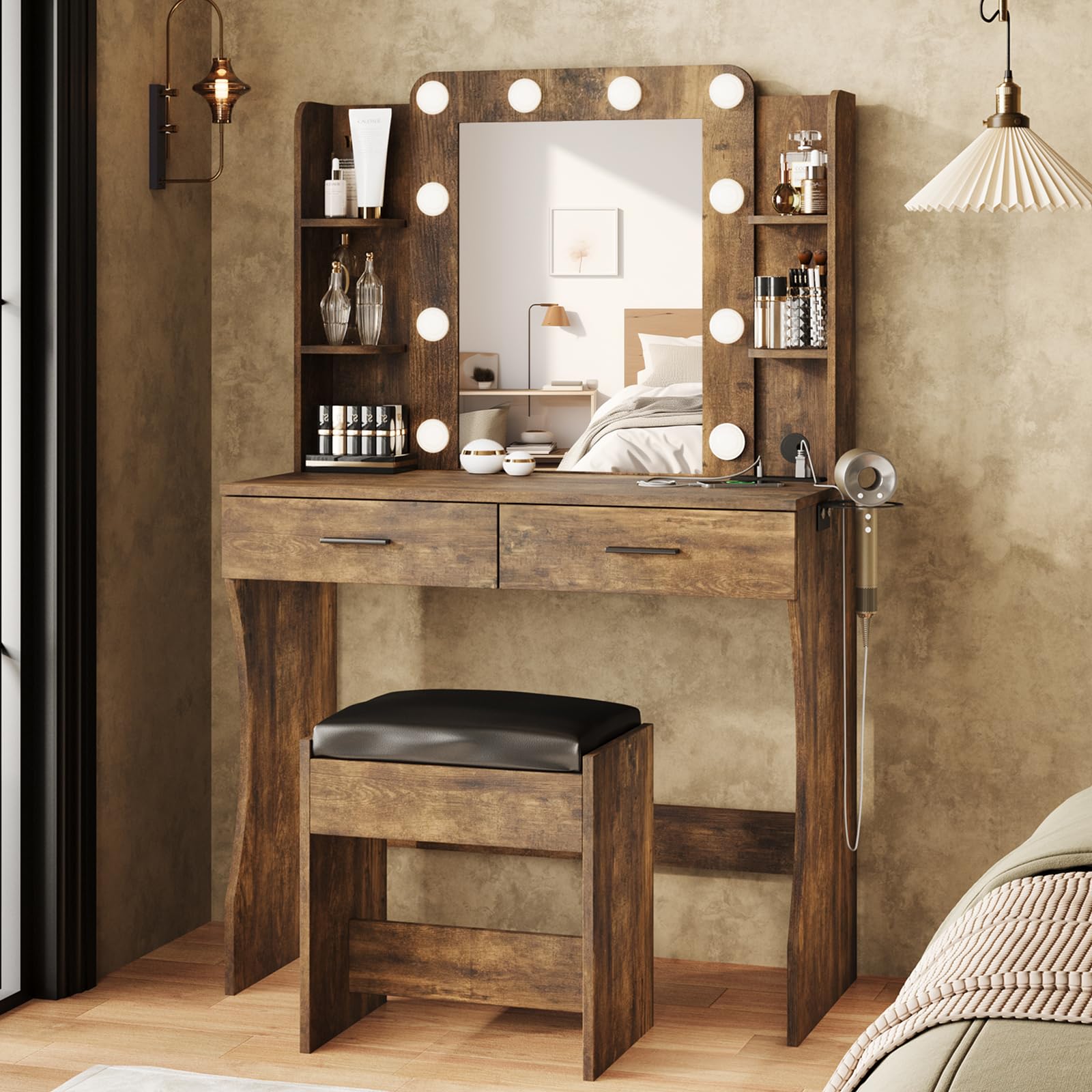 Maupvit Vanity Desk with Mirror and Lights,Makeup Vanity Table Set with Power Outlet,3 Lighting Modes & Adjustable Brightness Dressing Table with 2