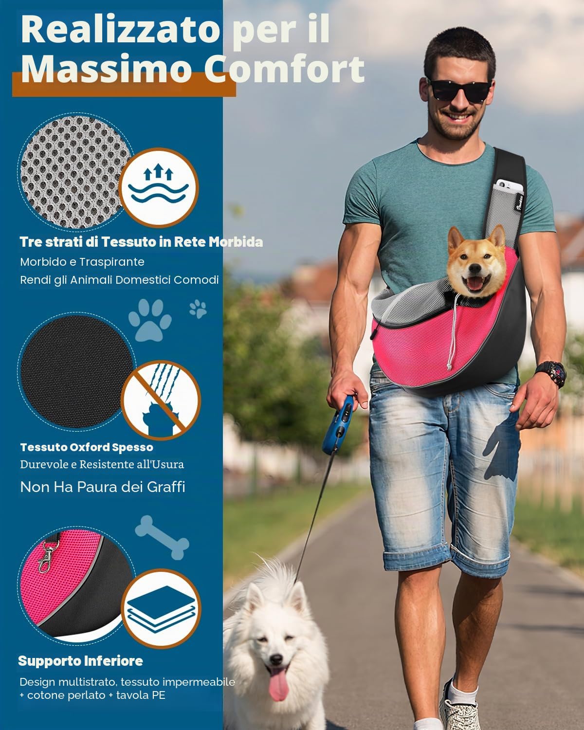 Pawaboo Trasportino per cani, Borsa Crossbody per Cani con Tasca Tattile Regolabile e Cerniera, Zaino a Rete Traspirante a Mani Libere per Cuccioli per Viaggi, Rosa, Grande