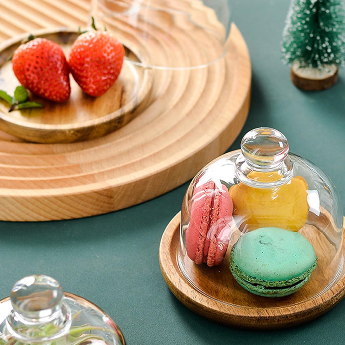 Mini Plateau à Dessert Cloche en Verre en Bois, 2 Ensembles