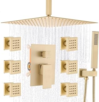 EngaBrushed Gold Rain Shower System with Body Jets, 12 inch Rain Shower Body Spray Jets System Ceiling Mounted Shower Faucet Set with 3-Function Brass Shower Valve