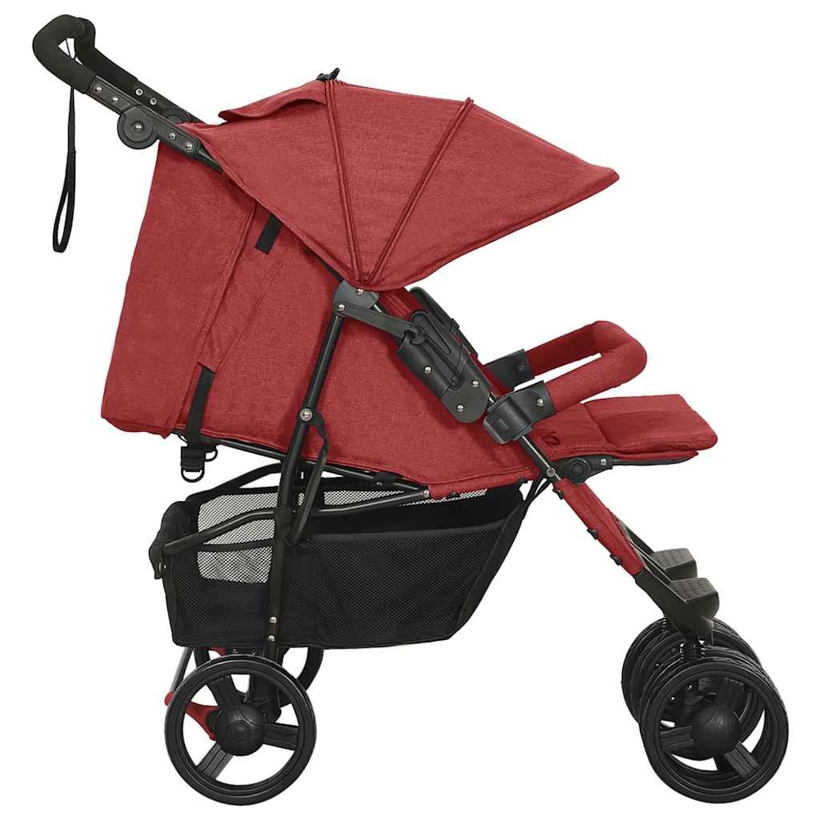 Cochecito Gemelar Plegable, Con Respaldo Ajustable, Reposapiés, Capacidad 15 kg, Rojo, Acero y Lino, para Paseos en Parque Modelo DYEEG-10245ES-MN