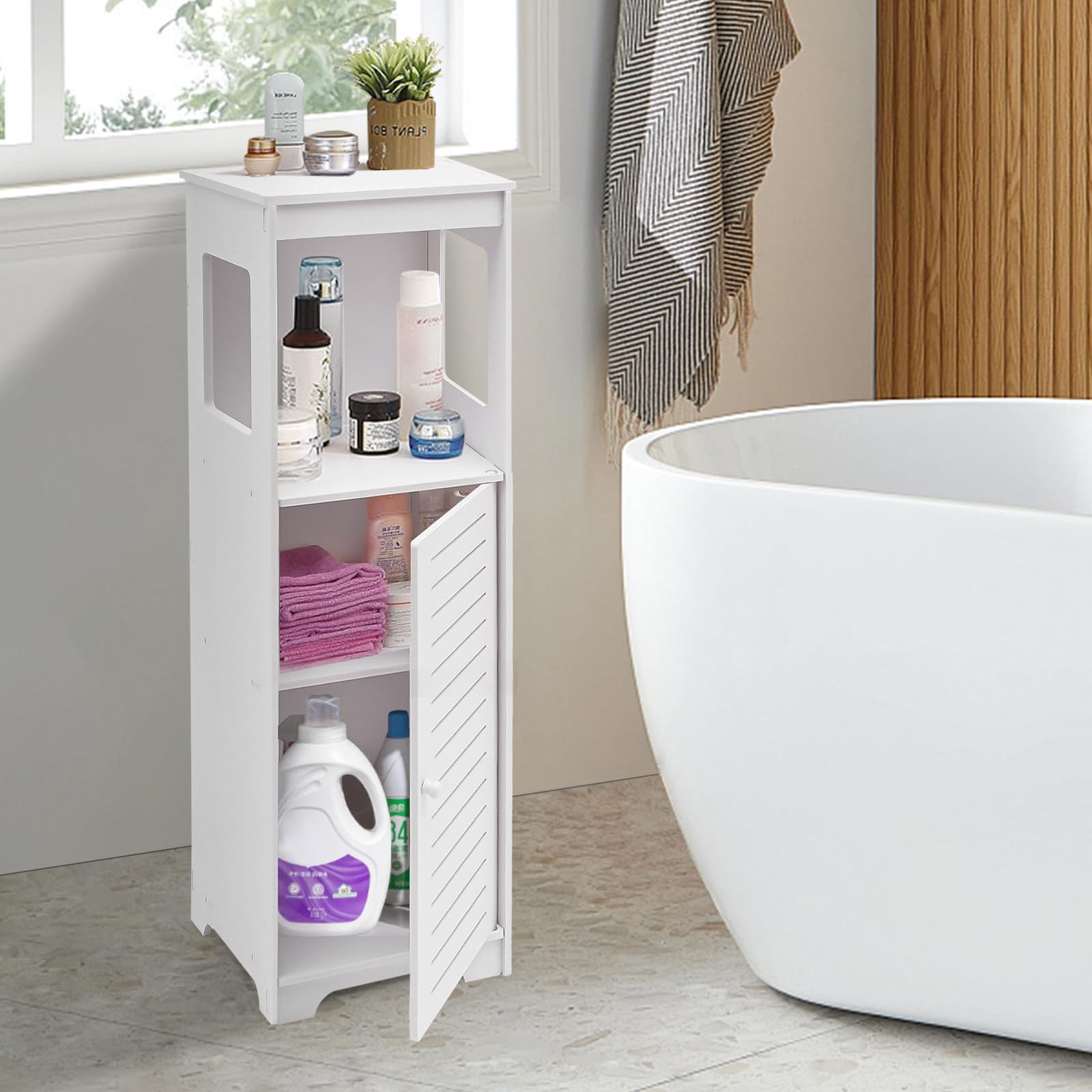 Armario de baño con puerta de 4 niveles, armario de baño estrecho, armario de baño de pie, para baño, dormitorio y salón, etc., 28 x 25 x 90 cm, color blanco