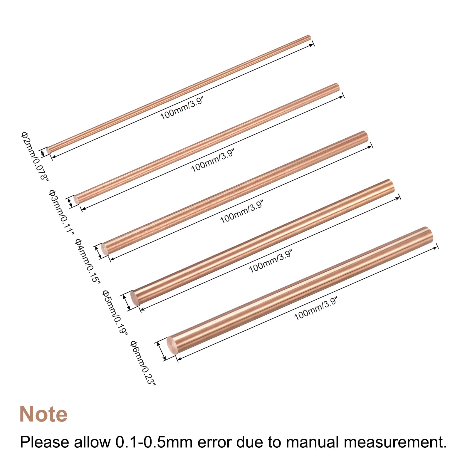 sourcing map 5en 1 Conjunto 2,3,4,5,6mm Diámetro 100mm Sólido Cobre Redondo | Varilla Torno Barra Almacenamiento, Longitud, para DIY Artesanía