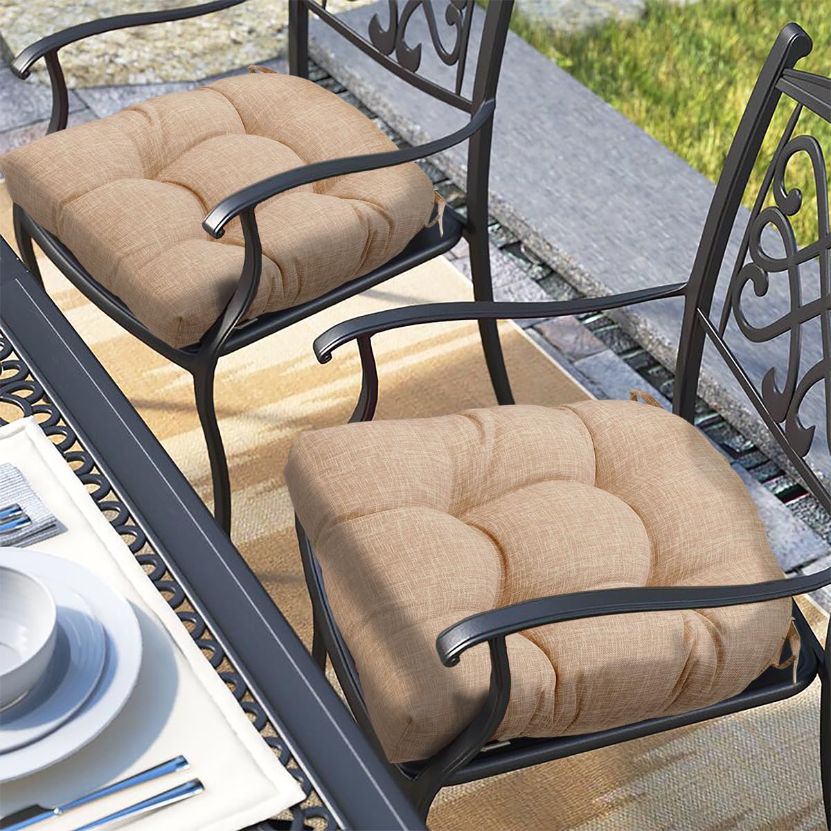 Outdoor/Indoor Tufted Seat Cushion with ties Set of 2, 19"x19" Waterproof Patio Chair Pads Tatami Floor Pillow for Dining Room Garden Balcony Office Decor (Light Brown Linen)