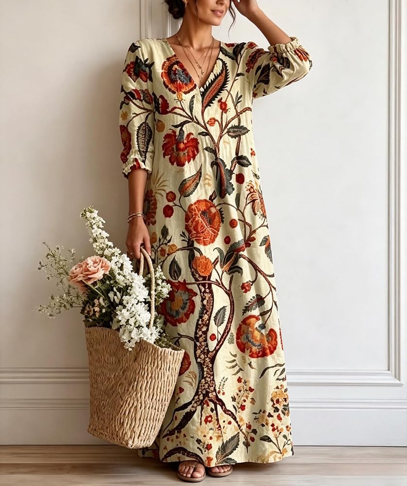 boho maxi dress 3/4 sleeve Floral V Neck Long for Women, Casual Long Dress with Pockets, Flowy Holiday Outfits, 6, S Fashion projector Immaculate A Line Ankara Color:Hot Pink*