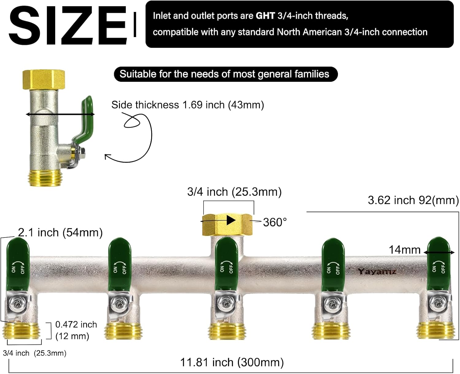 5 Way Garden Hose Splitter, Heavy Duty Brass Nickel Plated Rust Resistant Faucet Manifold, 3/4" Frost Resistant Outdoor Hose Adapter Connector，Hose Spigot Adapter with 5 large Green handles