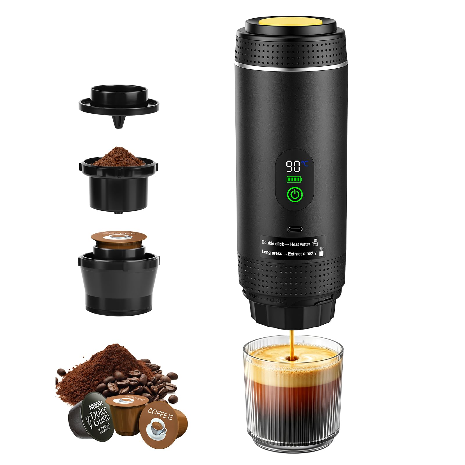 Dreamhigh® Cafetera Portatil 7500mAh con batería, Mini Cafetera Espresso Portatil de Viaje con USB Type-C y pantalla LED de temperatura, Cafetera 20 Bar para Cápsulas y Café Molido, Cafetera Camping