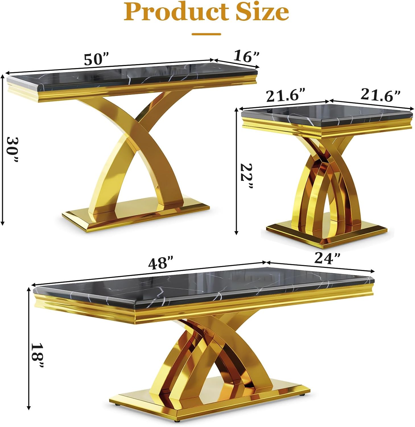 AUZ 4 Pieces Black Gold Living Room Table Set Coffee Table Set with X-Shape Design Polished Stainless Steel Frame