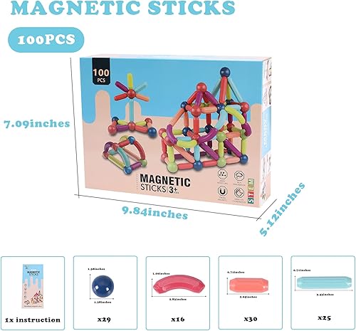 Miniatura 5 de ASOK Juego de 100 varillas magnéticas con bolas no magnéticas varillas de construcción magnéticas juguetes de construcción juguetes educativos para
