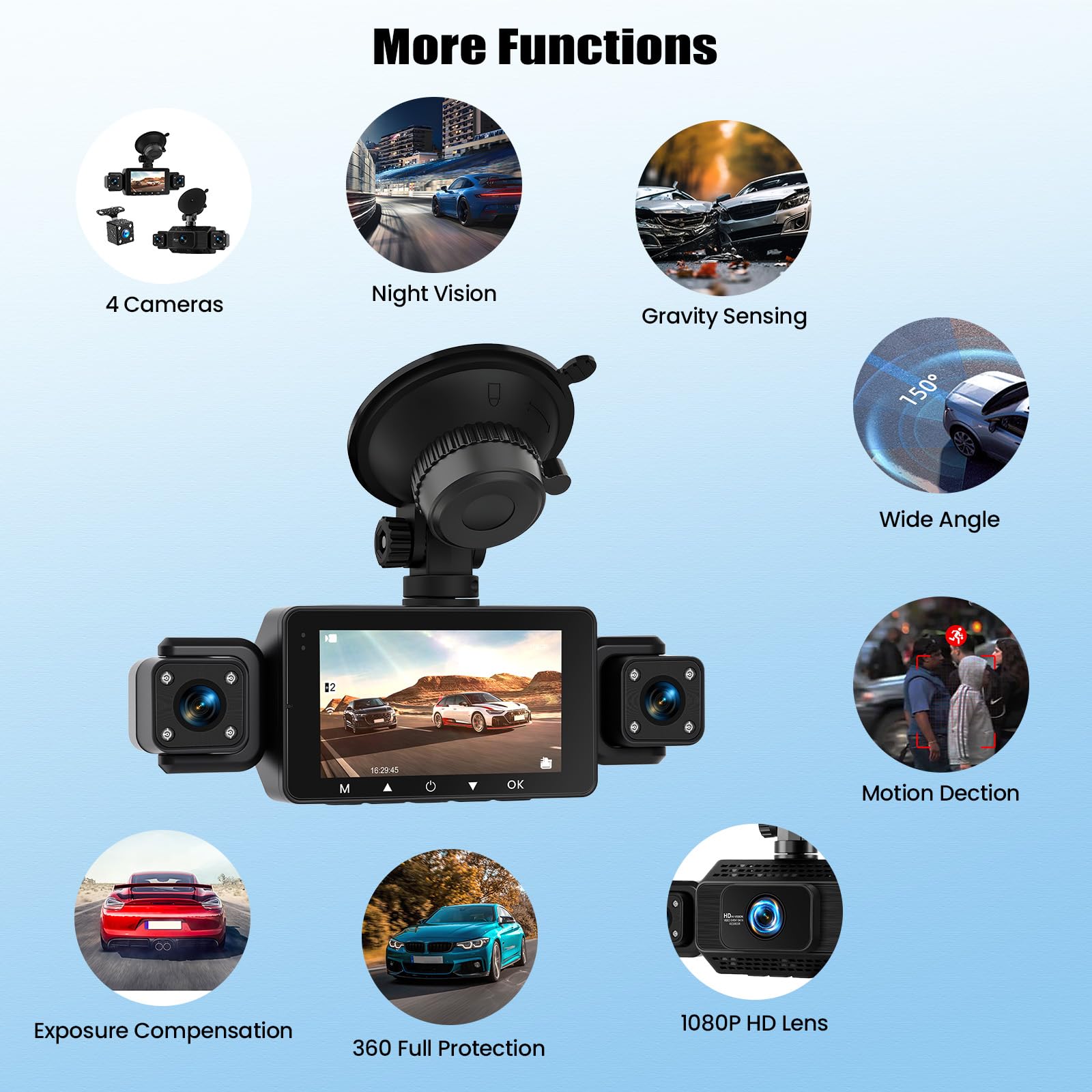OiLiehu 4 Canales Cámara para Salpicadero 3 Pulgadas para Coches, Resolución 1080P + 480P, Cuatro Lentes con G-Sensor, Visión Nocturna, Grabación en Bucle, Asistencia Aparcamiento, Wi-Fi Aplicación