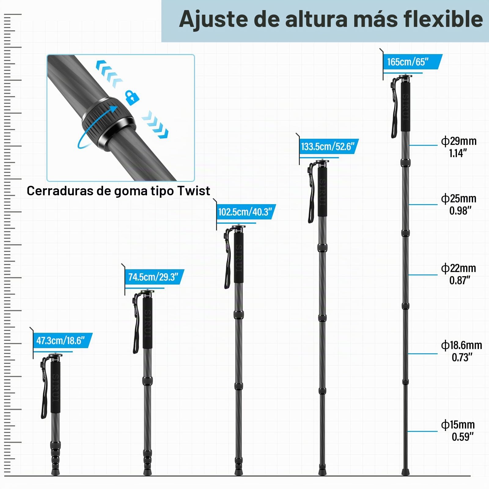 SIRUI Monopié de Fibra de Carbono para Cámaras, 65" Compacto Ligero Monopié de Viaje, 5 Secciones, Soporte para Teléfono Incluido, Carga hasta 22lbs/10kg, AM-MDP01
