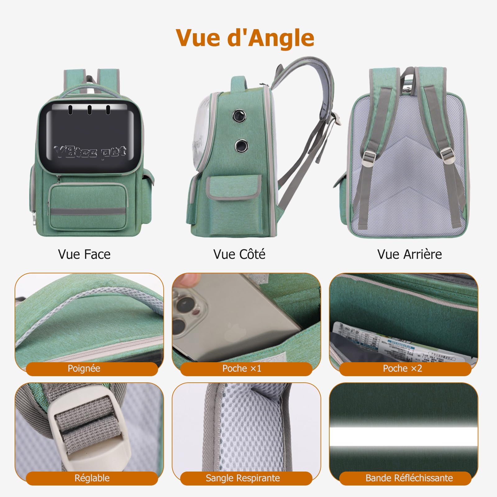 PETCUTE Sac à Dos de Transport pour Chat, Sac à Dos Respirant pour Petits Chats et Chiens avec Tapis Amovible, Réfléchissant,Sacs de Transport pour Chat avec Sangle de Sécurité Intérieure,Vert