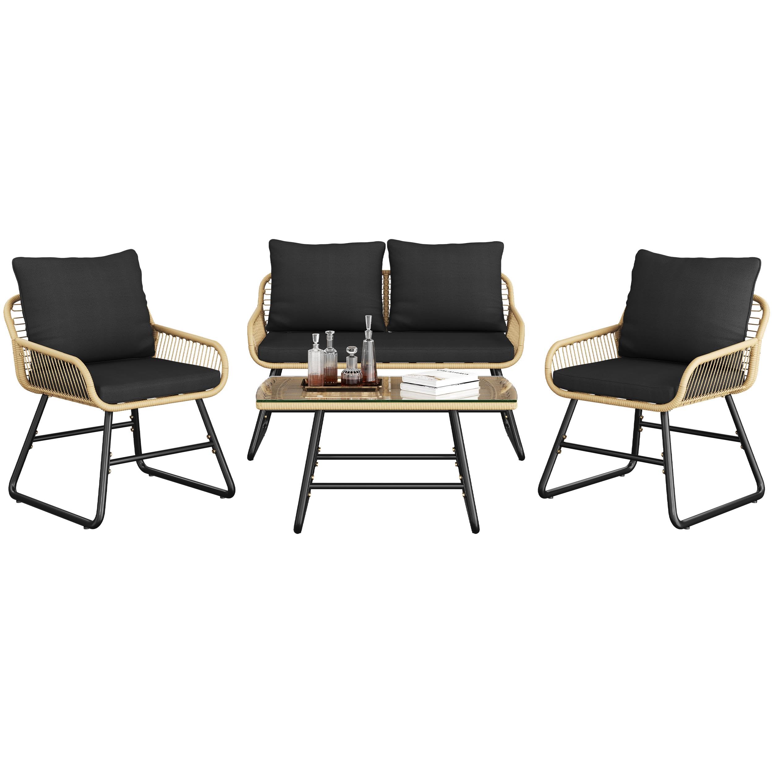 Yaheetech 4 Pieces Bistro Set, 2 Outdoor PE Wicker Chairs with Cushions & Loveseat & Tempered Glass Table, Patio Conversation Set for for Balcony, Porch, Garden, Tan/Black