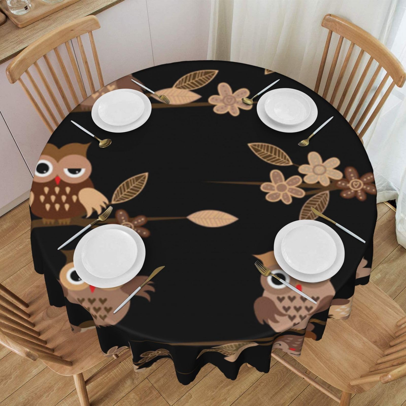 DCEHGEW 60 In Round Tablecloth with Lace, Cute Brown Cartoon Owls Printed Oilproof & Washable Fabric Picnic Table Cloth Table Covers