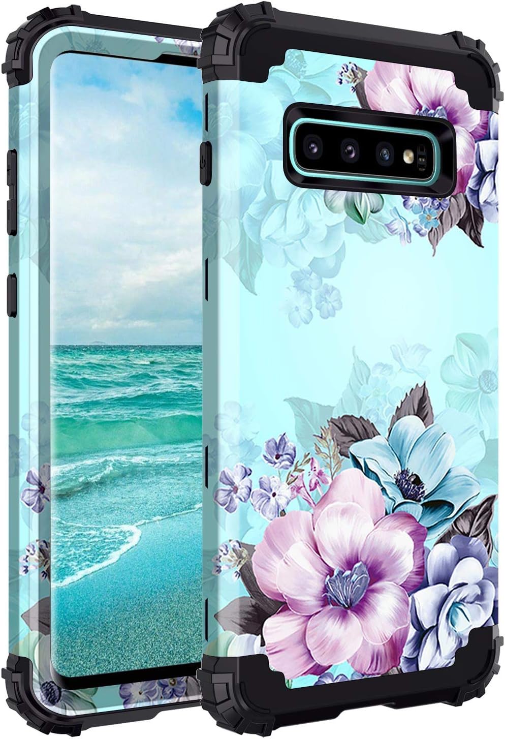 Casetego for Galaxy S10 Plus Case,Three Layer Heavy Duty Sturdy Shockproof Full Body Protection Rugged Hard PC+Soft TPU Bumper Case for Samsung Galaxy S10 Plus,Blue Flower