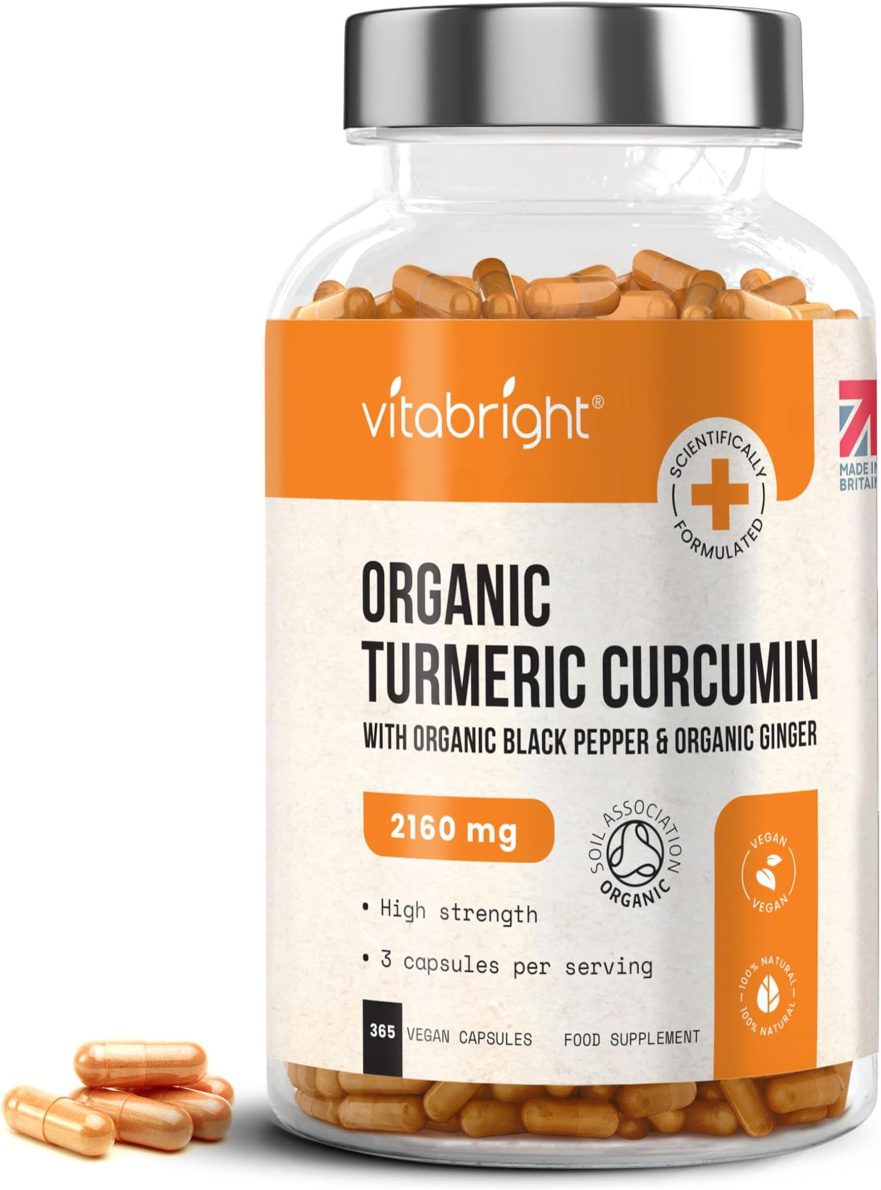 Turmeric and Black Pepper Capsules | 2160mg Dose | 365 Tablets | 4 Month Supply | 3 A Day | Herbal Supplements | High Strength Curcumin | VitaBright Organic Tumeric Supplement