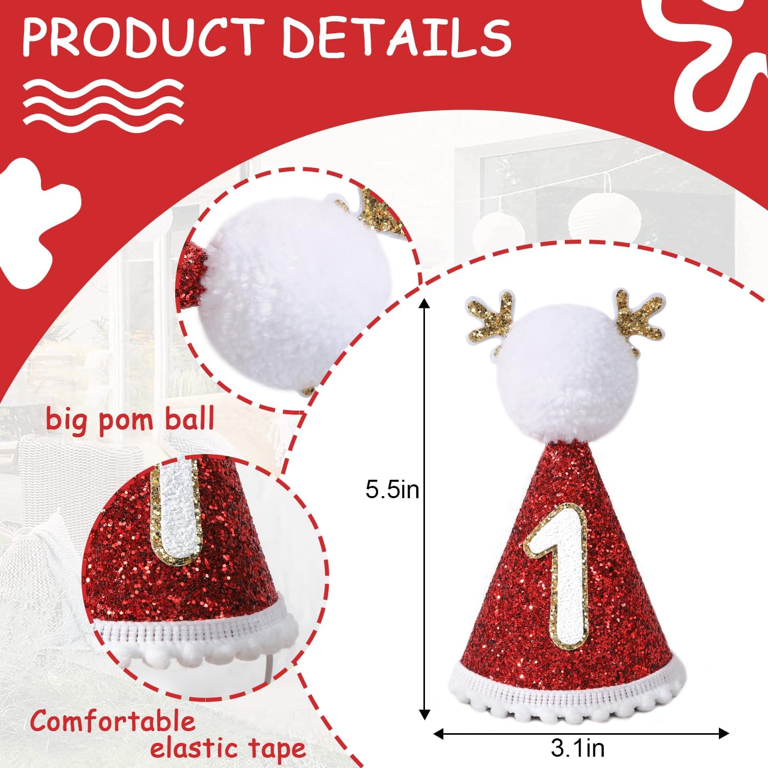 Christmas Red Reindeer 1st Birthday Hat - My 1st Christmas Birthday Hat, Winter Holiday First Bday Decoration for Kids, New Year Party Hat, Cake Smash Props - Image 6