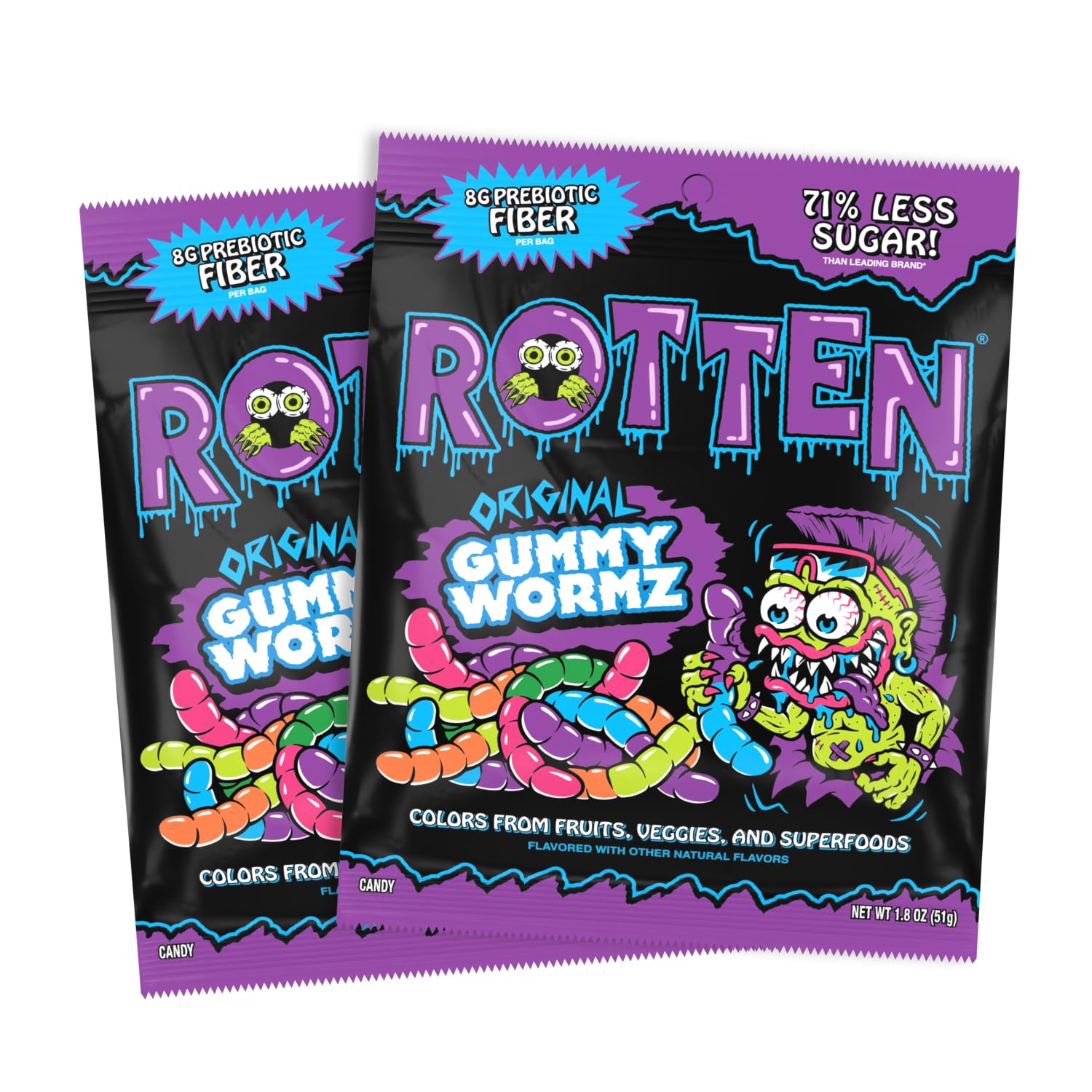 Rotten Original Gummy Worms - Low Sugar, Low Calorie, 7g Gut-Friendly Prebiotic Fiber and 3g Protein, Gluten Free Candy - 5.3 oz Share Pack [2 Pack]