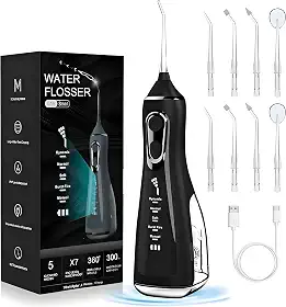 Irrigador Bucal & Oral Portátil Recarregável - Limpeza Profunda com 5 Níveis de Pressão, 8 Ponteiras, Tanque 300ml, À Prova d’Água - Jato Dental Ideal para Aparelhos Ortodônticos, Implantes e Gengivas