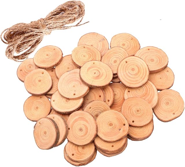 ULTNICE Wood Log Slices Round Log Discs Unfinished Predrilled Wood Pieces DIY Craft 4-5CM with Jute Twine Pack of 50
