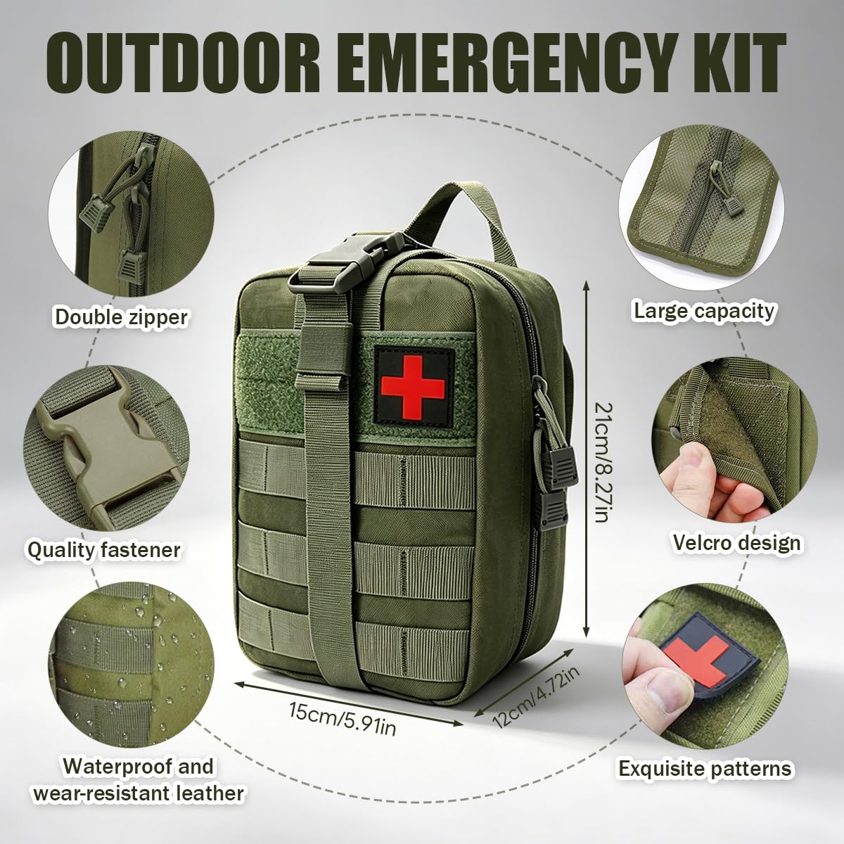 Outdoor Erste Hilfe Set, 49 Teile Praktische Notfalltasche, Tragbare Notfallausrüstung Tasche für Camping Wandern Radfahren Klettern Reisen (Militärgrün)