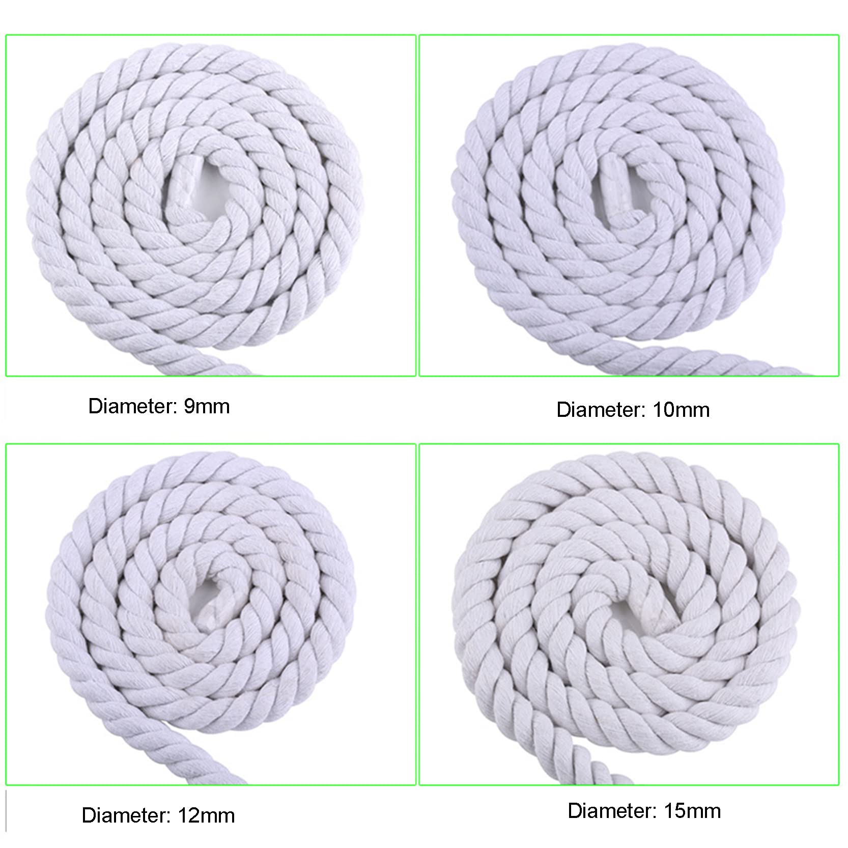Cuerda de macramé de 65 pies 20 m, cuerda de algodón natural suave torcida de 3 hilos de diámetro 10 12 15 20 mm, cuerda de algodón gruesa para macramé, tejido de bricolaje, manualidades,