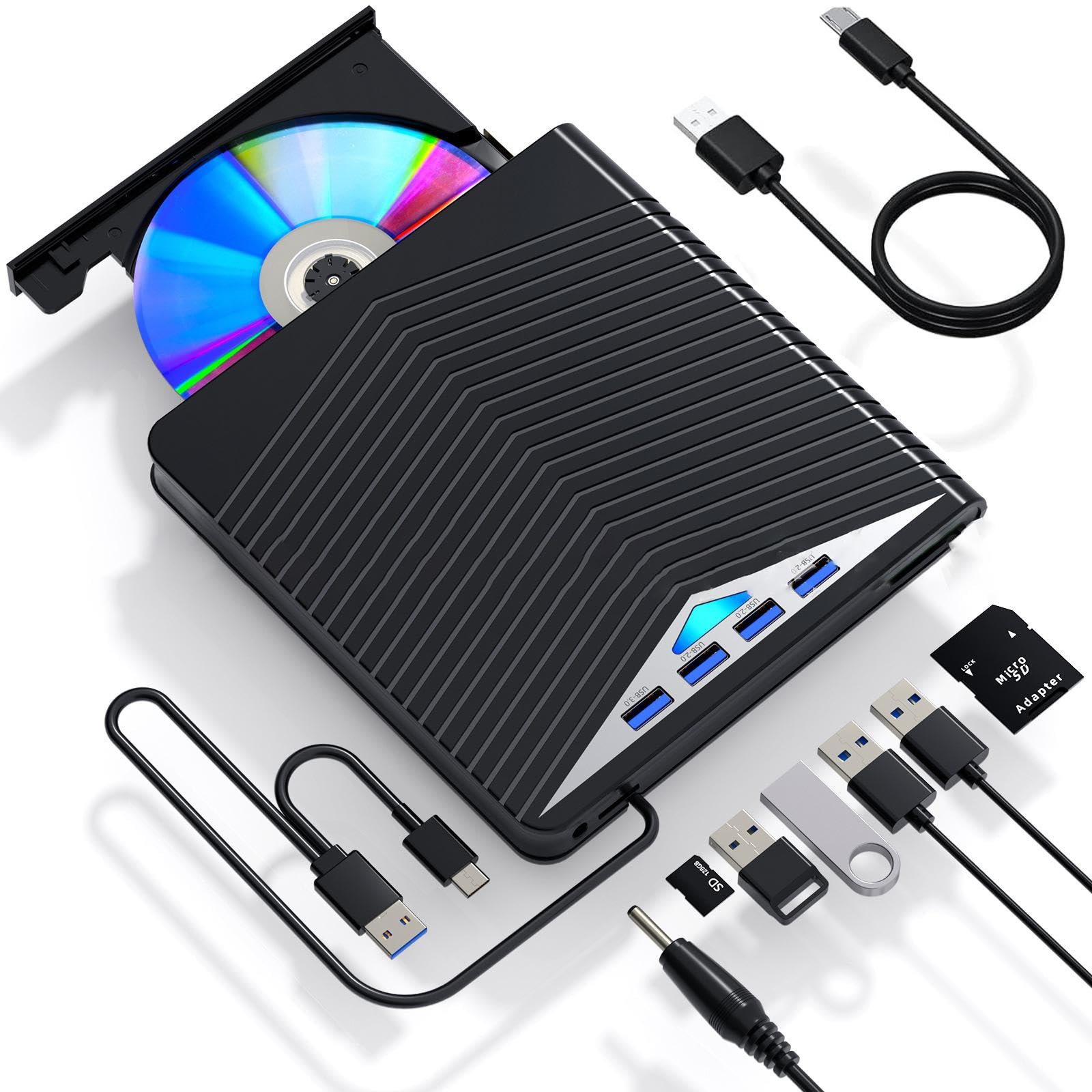 [7-in-1] External CD/DVD Drive for Laptop, USB 3.0 Type C Portable CD/DVD Burner, CD ROM Burner Writer External DVD Drive Compatible withLaptop Desktop PC Windows 11/10/8/7 LinuxOS (Black)