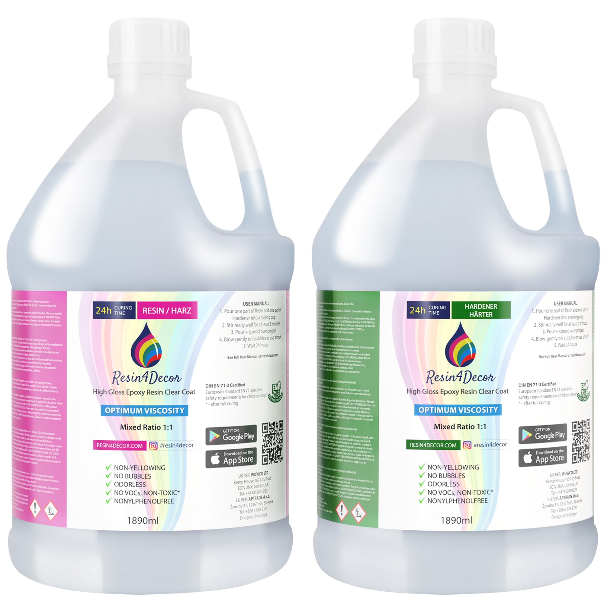 Epoxy Resin RESIN4DECOR 1:1 Casting Crystal Clear Adhesive for Arts Crafts Jewelry Making Molds and DIY Projects Non-Yellowing Non-Toxic High-Gloss Finish 12-24 Hour Cure Time Odorless - 3780ml