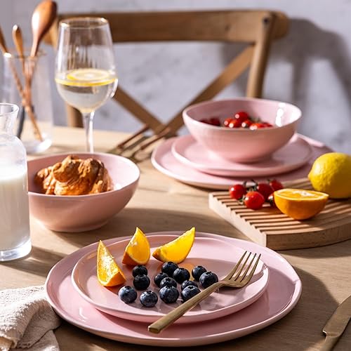 Miniatura 9 de Juego de 4 platos de cerámica y cuencos de porcelana con borde ondulado, apto para microondas y lavavajillas y horno, juego de platos ligeros y