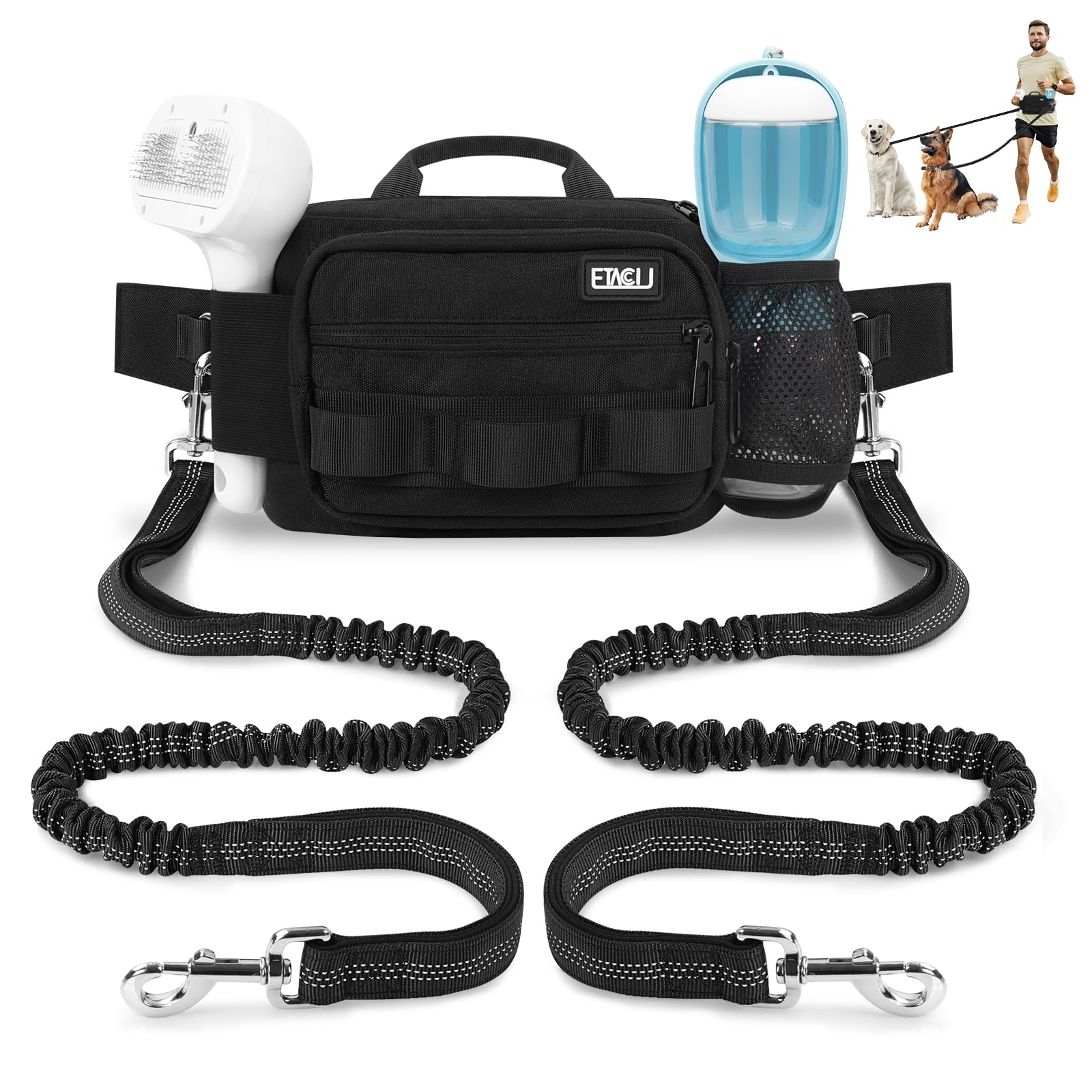 ETACCU Hands Free Dog Leash with Zipper Pouch, Waist Belt for Large Medium 2 Dogs for Running, Walking, Jogging and Hiking, Dual Padded Handles and