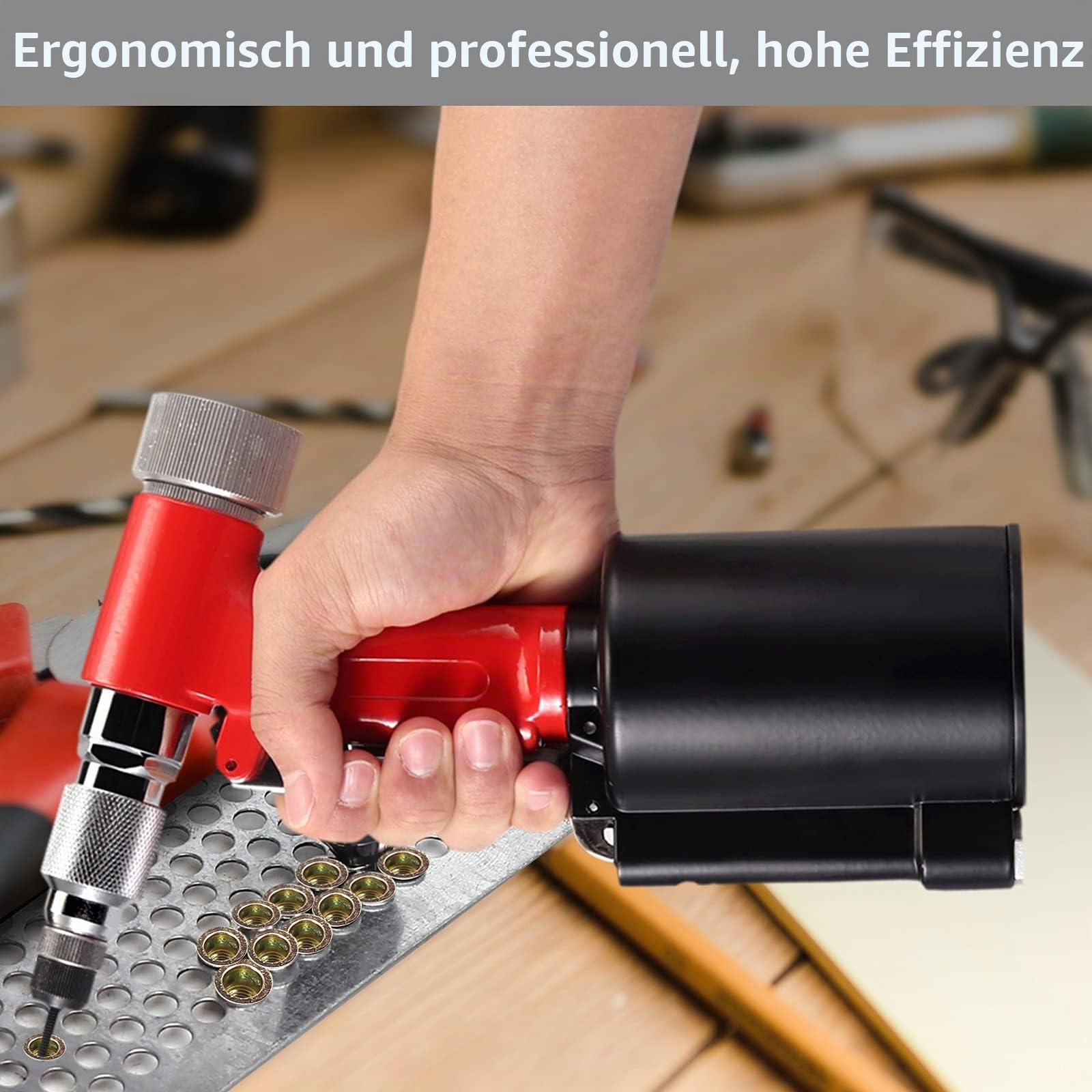 Proster Druckluft Nietmutternzange Set Nietmutterpistole, 100PCS Nietmutter Set, 5 Stück Metrische Mandrels (M4-M10), Luftdruckhydraulisches Werkzeug für Automobil, Industrie, Heimwerkerprojekte- Rot | Luftbetriebenes Nietmutternwerkzeug mit 5 Nasenstück