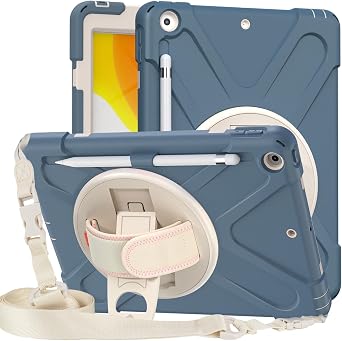 for iPad 9th/8th/7th Generation 10.2 inch 2021/2020/2019 Tablet Case 3 in 1 Hard Plastic Frame + Double Silicone [Hand Strap & Shoulder Strapp] - Q