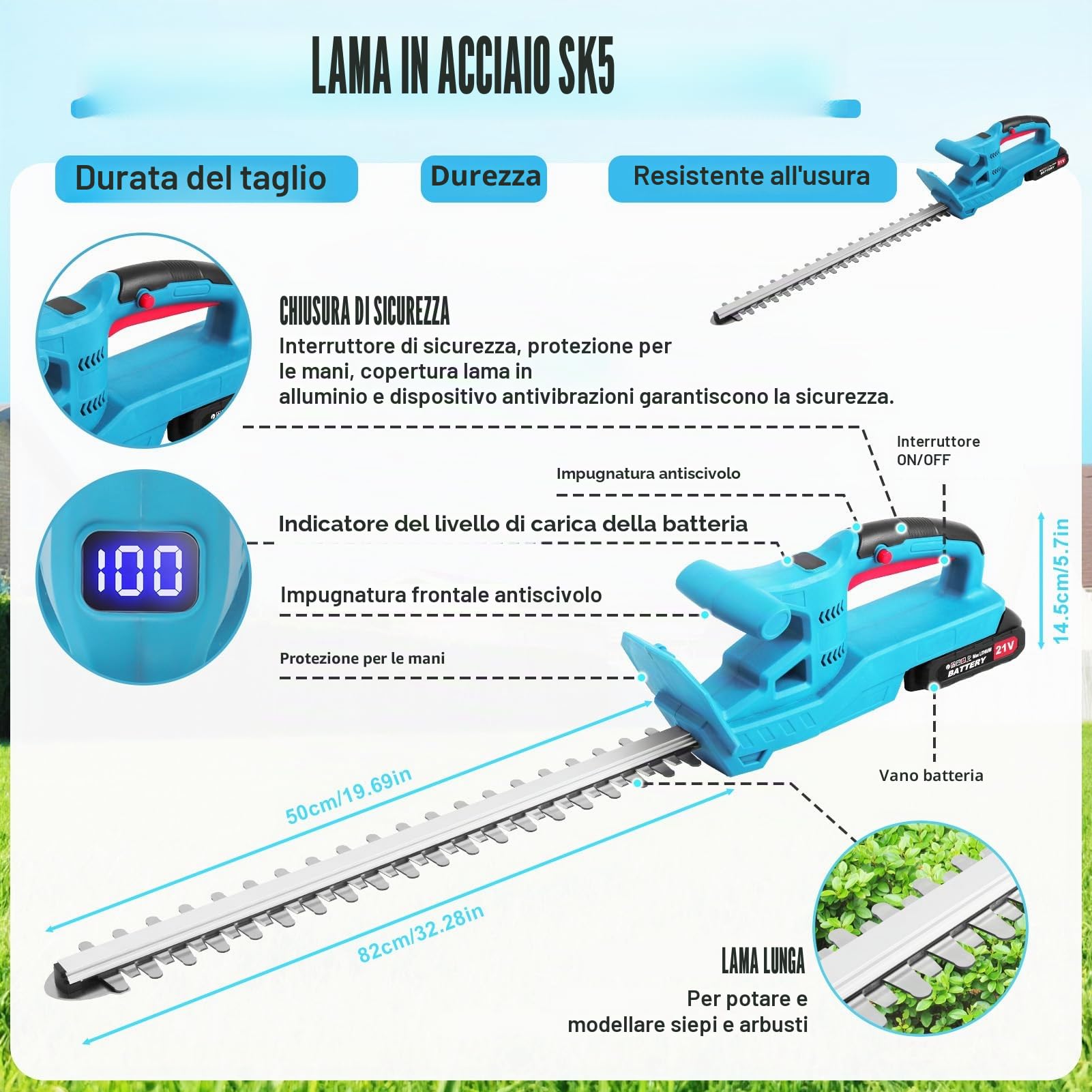 Tagliasiepi a batteria, 21 V, elettrico da giardino, batteria con 2 batterie e caricabatterie, lunghezza di taglio 50 cm, distanza tra i denti 17 mm, lama doppia azione, con display LED, custodia