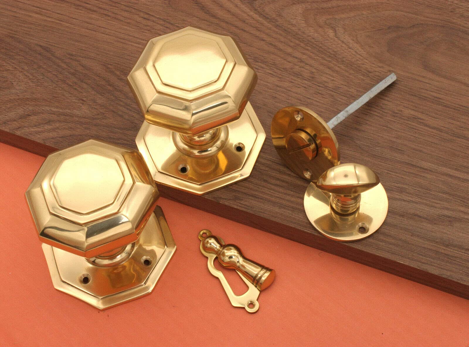 Pomolo grande ottagonale per porta con boccone/privacy – ottone lucido (solo pomolo per portiera)