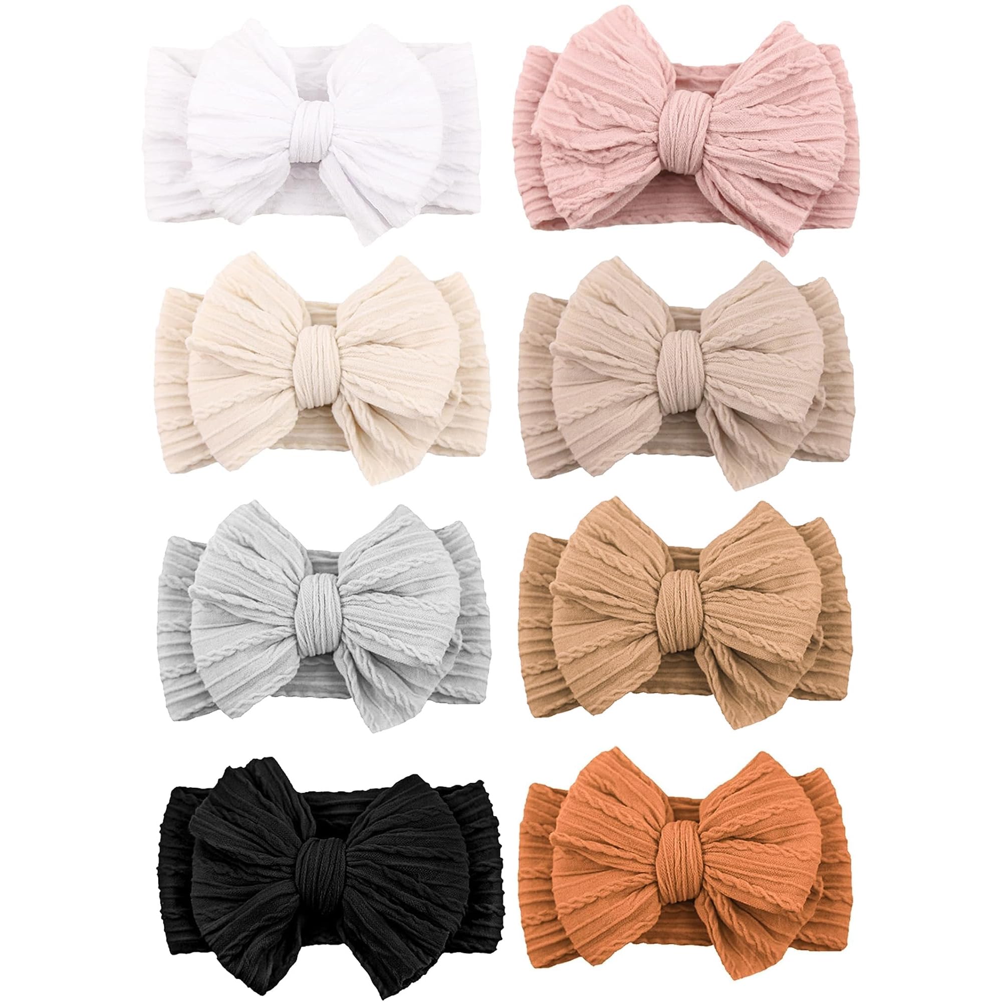 Niceye 6 Pack Baby Girl Headbands with Bows, Soft Stretchy Nylon Bands | Large Bows with Knit Texture, Handmade Hair Accessories for Newborn Infant Toddler Girls, Daily Wear & Photoshoots Brown