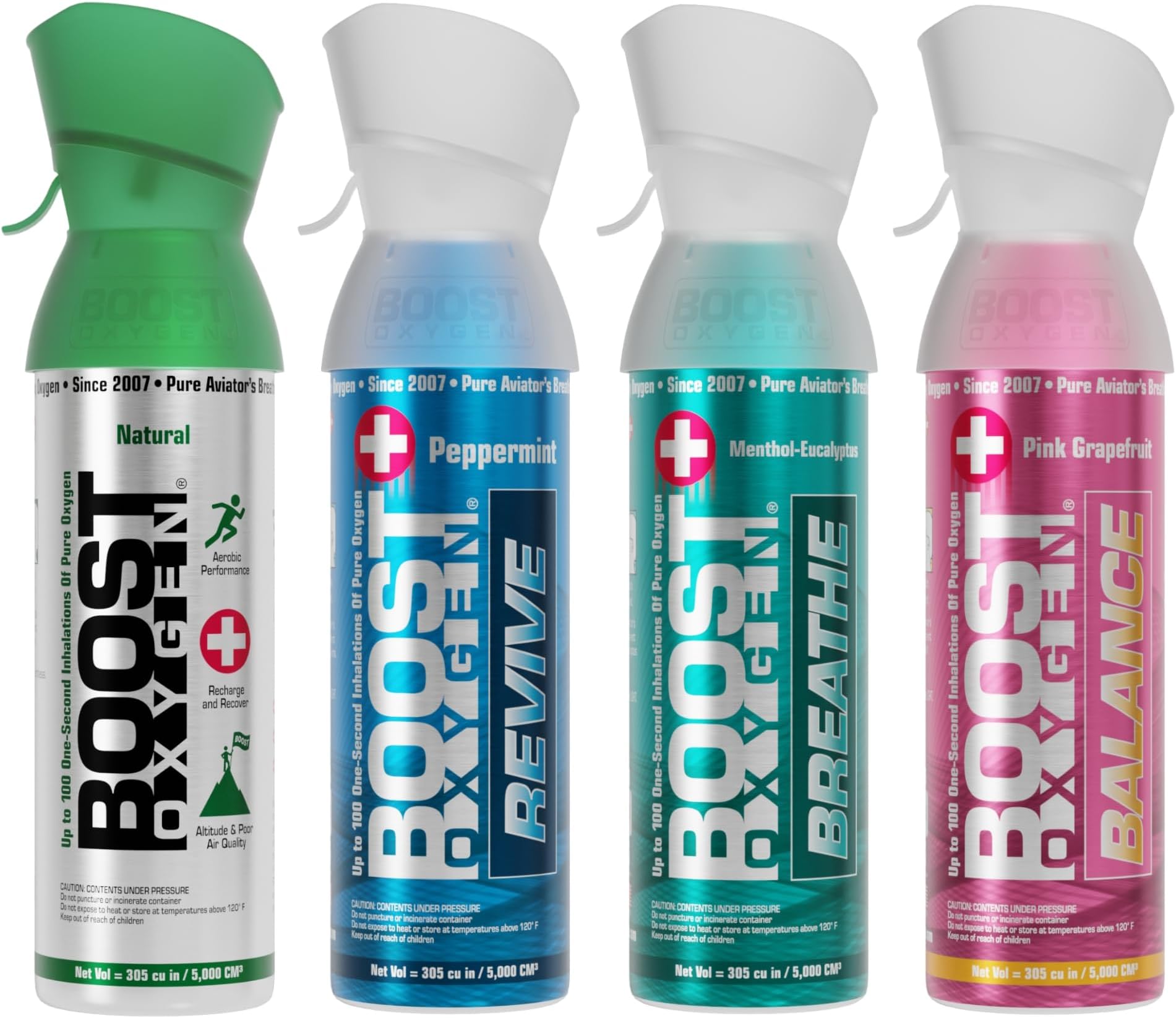 Boost Oxygen Canned Oxygen for Breathing for Home Use, Exercise, or Altitude Sickness, Includes Sealed Cap & Mask, 5L Canister, Multicolor, Pack of 4