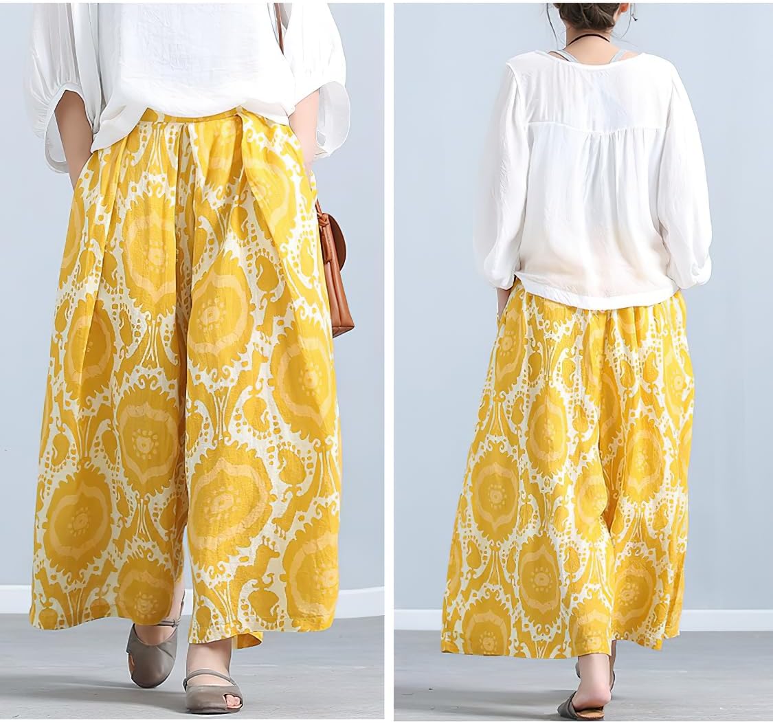 CHOUYATOU Women's Loose Floral Printed Cotton Crop Pants Elastic Waist Wide Leg Palazzo Trousers - Image 7