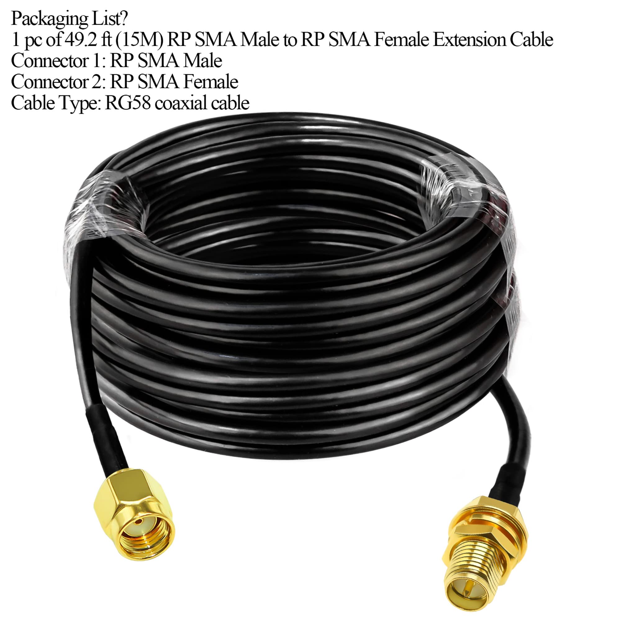 TUOLNK RP SMA Kabel RG58 49.2Ft (15M) RP SMA Buchse auf Stecker Verlängerungskabel 50 Ohm für RF Radio WiFi Antenne GPS Low Lost Antenne Koaxkabel
