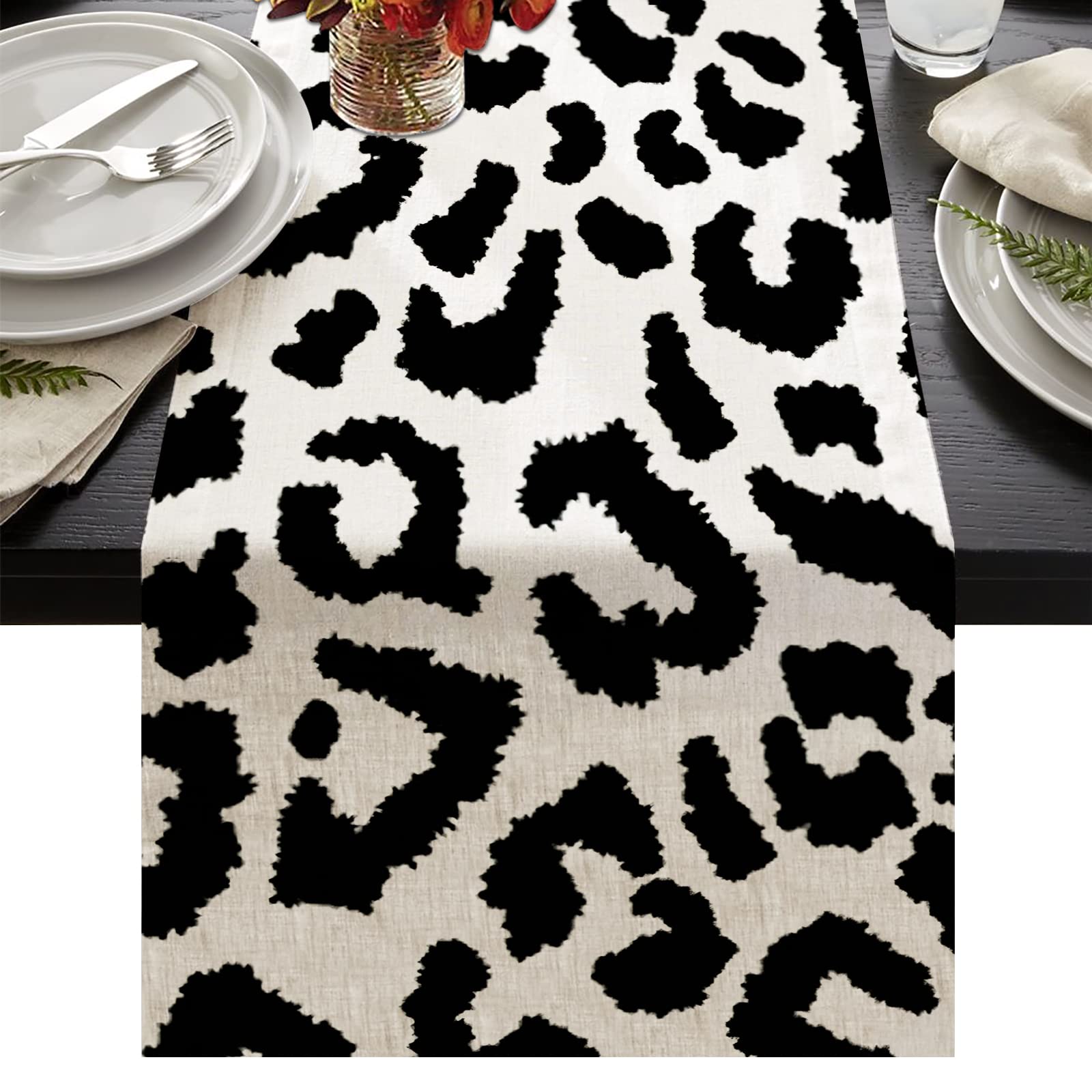 JOOCAR White Leopard Print Table Runner 72 Inches Long Linen Burlap Table Runner Animal Style Black and White Kitchen Dining Table Decoration for Home